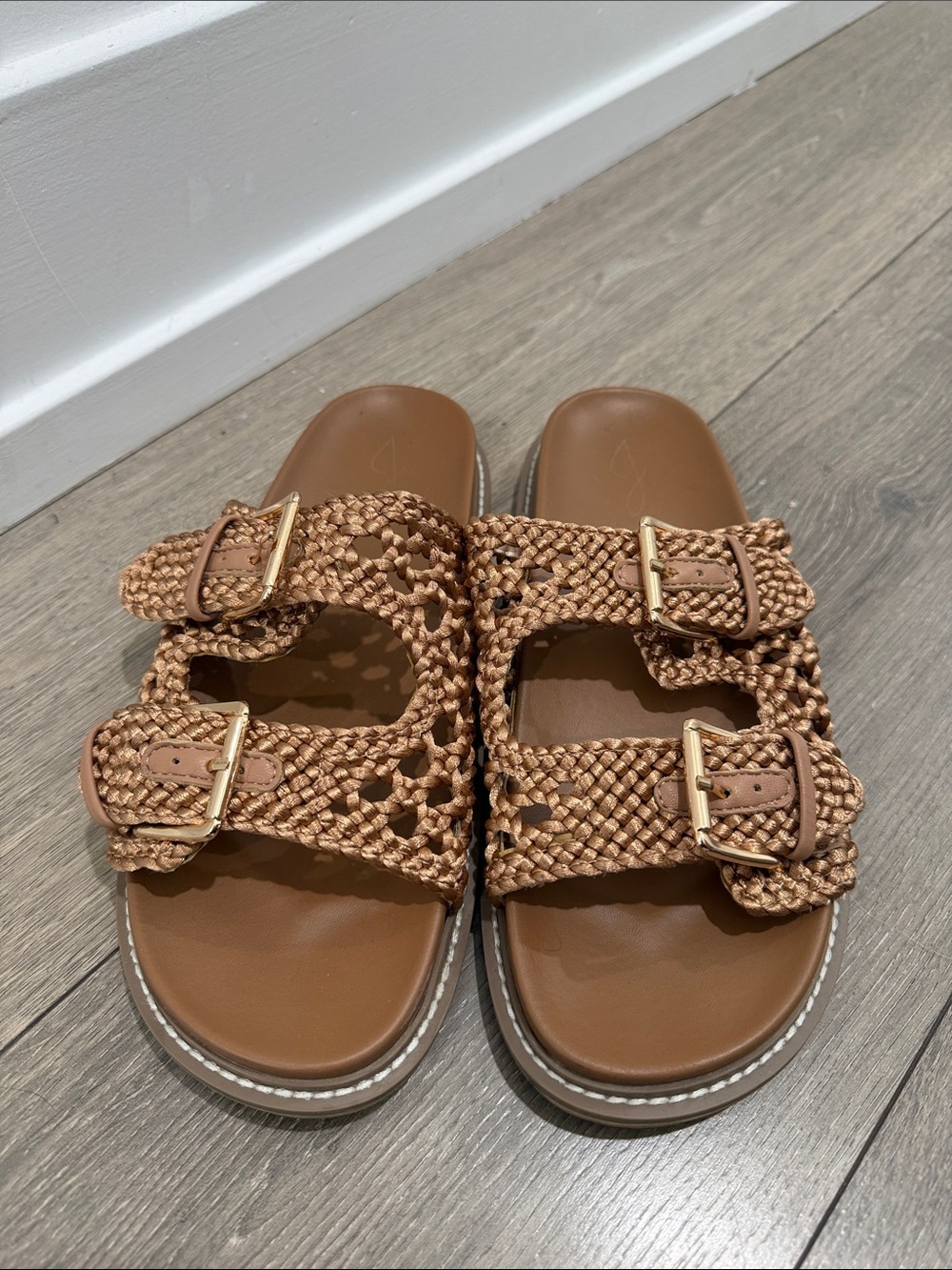 Joie Woven Tan Double-Strap Slide Sandals with Gold Buckles